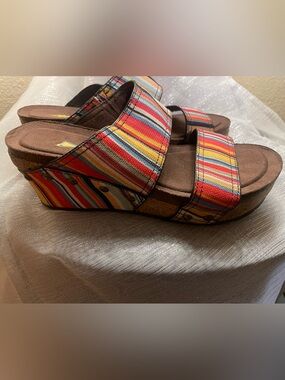 Volatile Multicolor Striped Cork Wedge Sandals